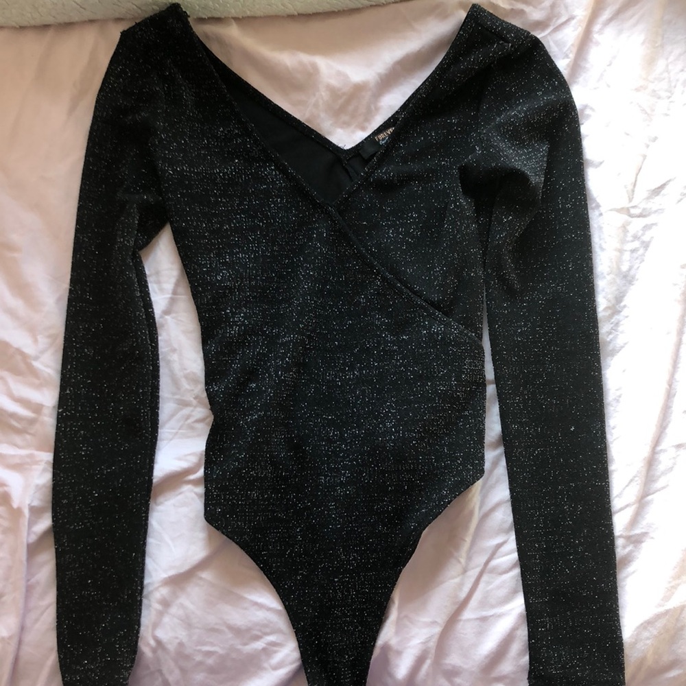 Forever 21 black sparkly long sleeve body suit